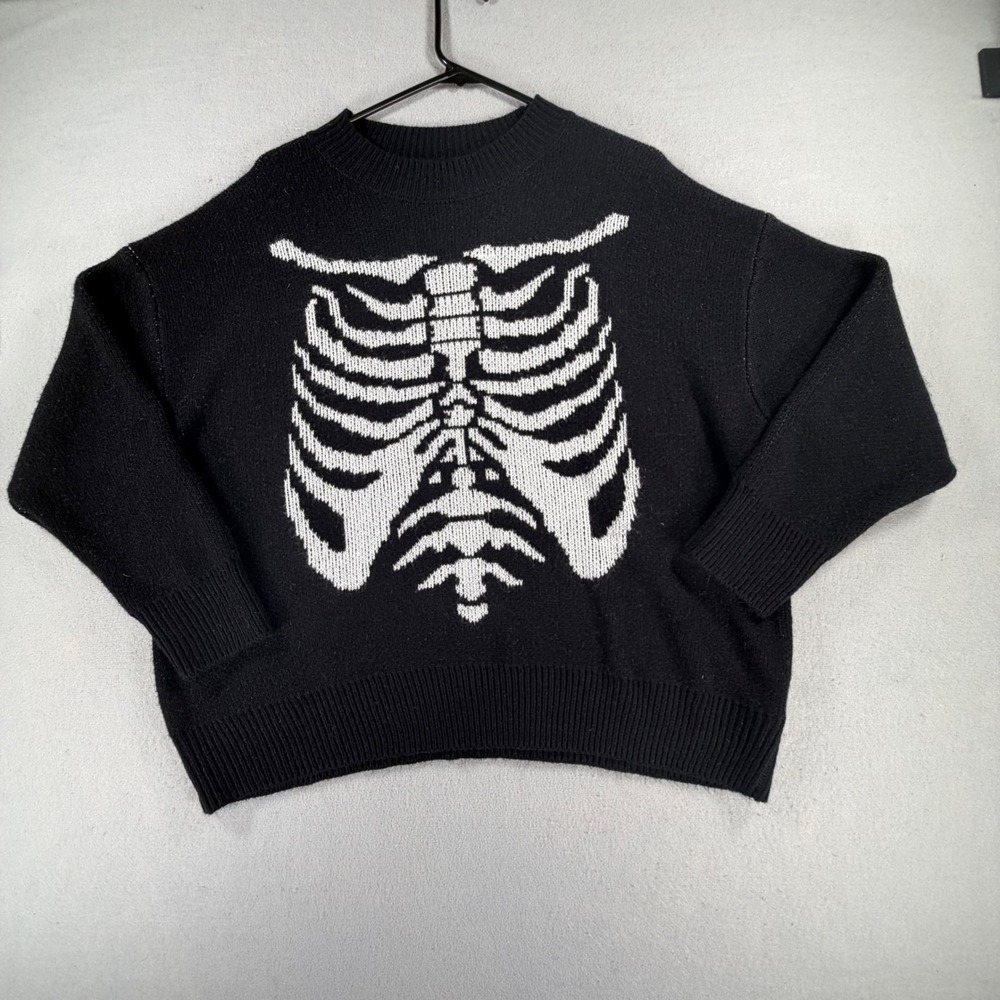 Romwe Skeleton Graphic Knit Sweater Black White Oversized Goth Unisex Size Large